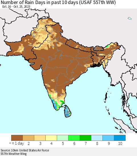 Southern Asia Number of Rain Days in past 10 days (USAF 557th WW) Thematic Map For 10/21/2023 - 10/25/2023