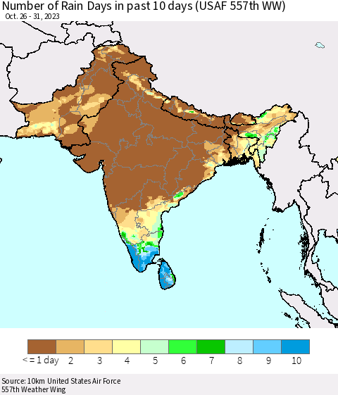 Southern Asia Number of Rain Days in past 10 days (USAF 557th WW) Thematic Map For 10/26/2023 - 10/31/2023