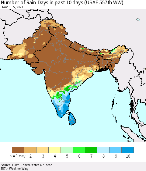 Southern Asia Number of Rain Days in past 10 days (USAF 557th WW) Thematic Map For 11/1/2023 - 11/5/2023