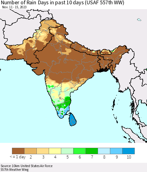 Southern Asia Number of Rain Days in past 10 days (USAF 557th WW) Thematic Map For 11/11/2023 - 11/15/2023