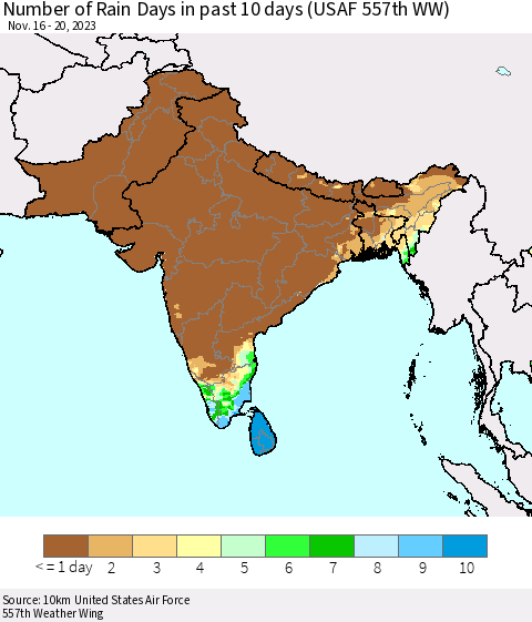 Southern Asia Number of Rain Days in past 10 days (USAF 557th WW) Thematic Map For 11/16/2023 - 11/20/2023