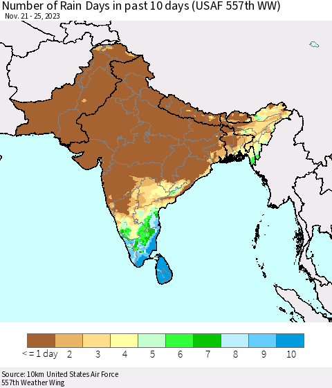 Southern Asia Number of Rain Days in past 10 days (USAF 557th WW) Thematic Map For 11/21/2023 - 11/25/2023