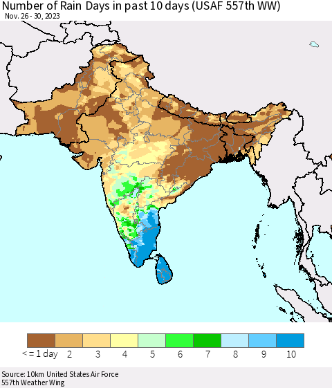 Southern Asia Number of Rain Days in past 10 days (USAF 557th WW) Thematic Map For 11/26/2023 - 11/30/2023