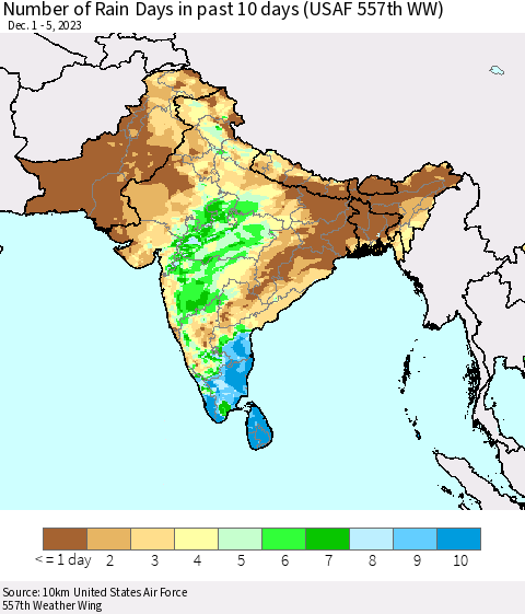 Southern Asia Number of Rain Days in past 10 days (USAF 557th WW) Thematic Map For 12/1/2023 - 12/5/2023