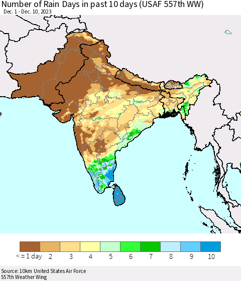 Southern Asia Number of Rain Days in past 10 days (USAF 557th WW) Thematic Map For 12/6/2023 - 12/10/2023
