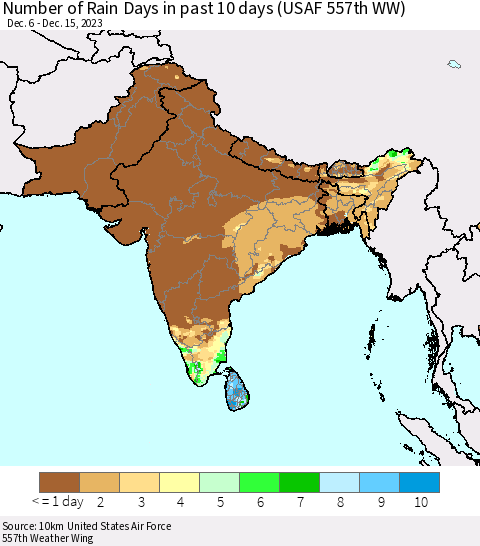Southern Asia Number of Rain Days in past 10 days (USAF 557th WW) Thematic Map For 12/11/2023 - 12/15/2023