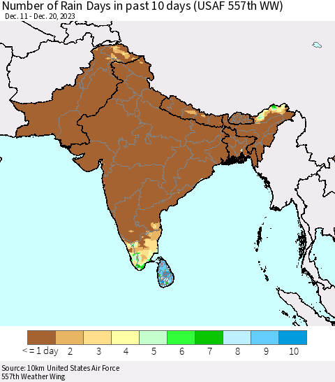 Southern Asia Number of Rain Days in past 10 days (USAF 557th WW) Thematic Map For 12/16/2023 - 12/20/2023