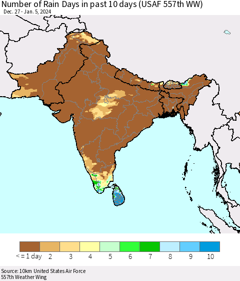 Southern Asia Number of Rain Days in past 10 days (USAF 557th WW) Thematic Map For 1/1/2024 - 1/5/2024