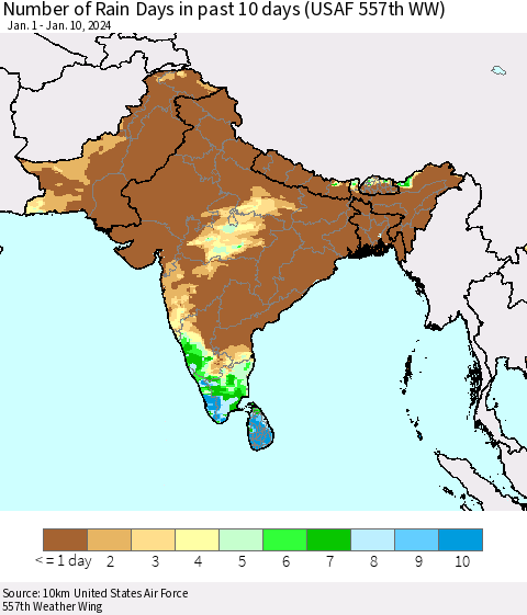 Southern Asia Number of Rain Days in past 10 days (USAF 557th WW) Thematic Map For 1/6/2024 - 1/10/2024