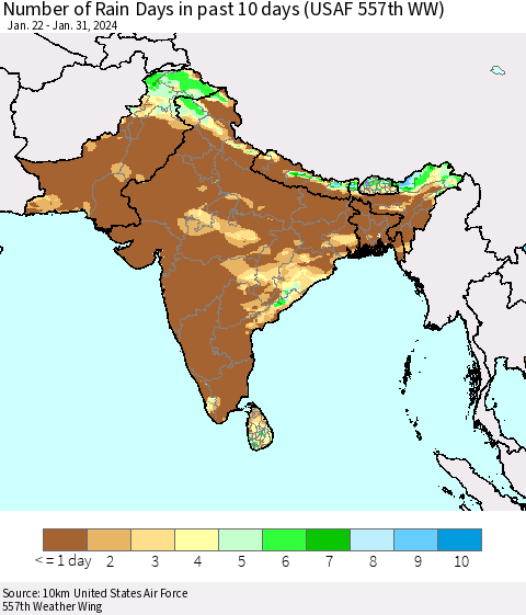 Southern Asia Number of Rain Days in past 10 days (USAF 557th WW) Thematic Map For 1/26/2024 - 1/31/2024
