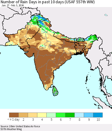 Southern Asia Number of Rain Days in past 10 days (USAF 557th WW) Thematic Map For 2/1/2024 - 2/5/2024