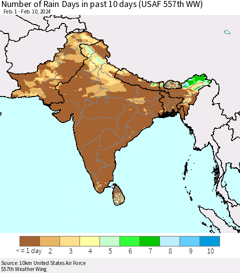 Southern Asia Number of Rain Days in past 10 days (USAF 557th WW) Thematic Map For 2/6/2024 - 2/10/2024