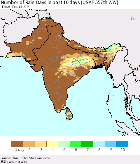 Southern Asia Number of Rain Days in past 10 days (USAF 557th WW) Thematic Map For 2/11/2024 - 2/15/2024