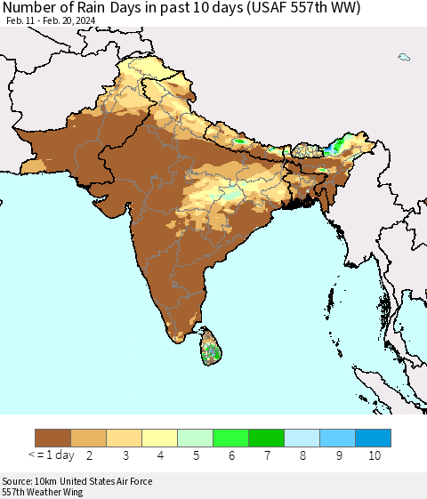 Southern Asia Number of Rain Days in past 10 days (USAF 557th WW) Thematic Map For 2/16/2024 - 2/20/2024