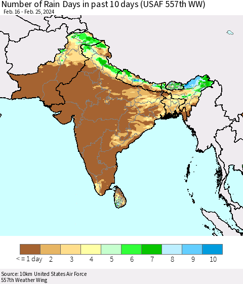 Southern Asia Number of Rain Days in past 10 days (USAF 557th WW) Thematic Map For 2/21/2024 - 2/25/2024