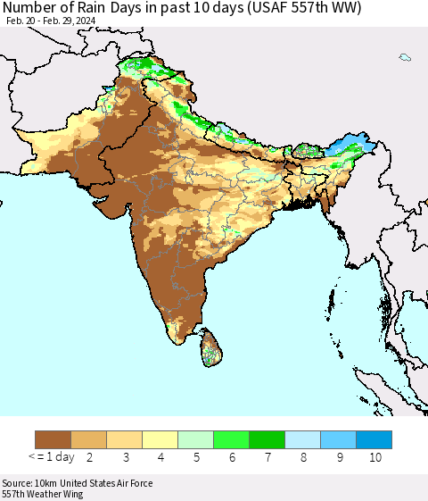 Southern Asia Number of Rain Days in past 10 days (USAF 557th WW) Thematic Map For 2/26/2024 - 2/29/2024