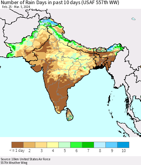 Southern Asia Number of Rain Days in past 10 days (USAF 557th WW) Thematic Map For 3/1/2024 - 3/5/2024
