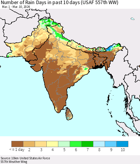 Southern Asia Number of Rain Days in past 10 days (USAF 557th WW) Thematic Map For 3/6/2024 - 3/10/2024