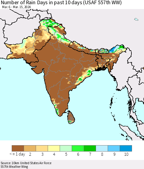 Southern Asia Number of Rain Days in past 10 days (USAF 557th WW) Thematic Map For 3/11/2024 - 3/15/2024
