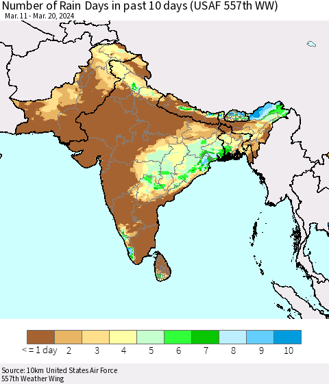 Southern Asia Number of Rain Days in past 10 days (USAF 557th WW) Thematic Map For 3/16/2024 - 3/20/2024