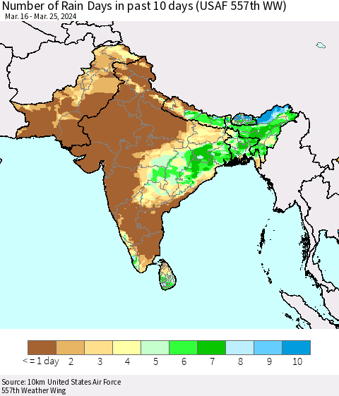 Southern Asia Number of Rain Days in past 10 days (USAF 557th WW) Thematic Map For 3/21/2024 - 3/25/2024