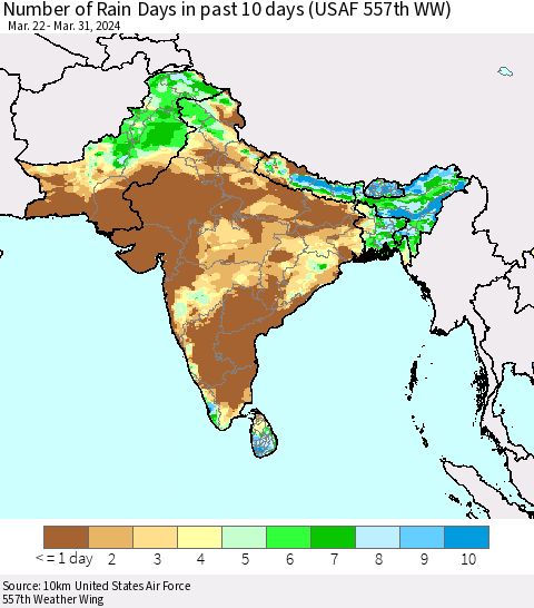 Southern Asia Number of Rain Days in past 10 days (USAF 557th WW) Thematic Map For 3/26/2024 - 3/31/2024