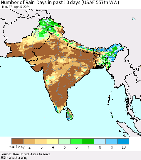Southern Asia Number of Rain Days in past 10 days (USAF 557th WW) Thematic Map For 4/1/2024 - 4/5/2024