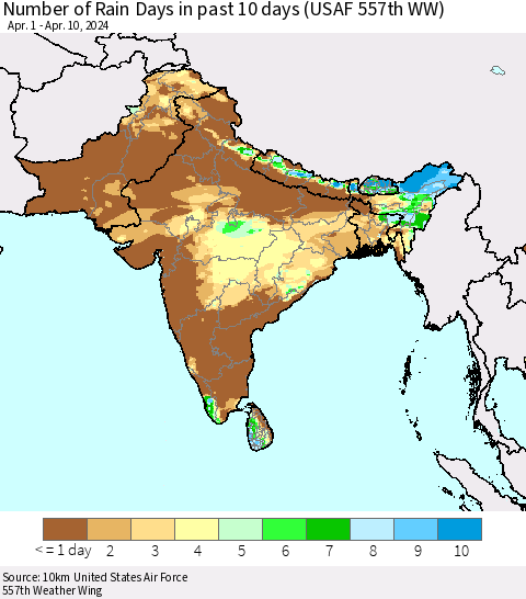 Southern Asia Number of Rain Days in past 10 days (USAF 557th WW) Thematic Map For 4/6/2024 - 4/10/2024