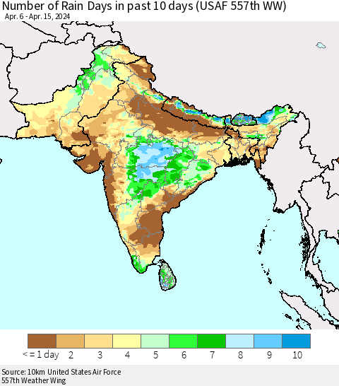 Southern Asia Number of Rain Days in past 10 days (USAF 557th WW) Thematic Map For 4/11/2024 - 4/15/2024