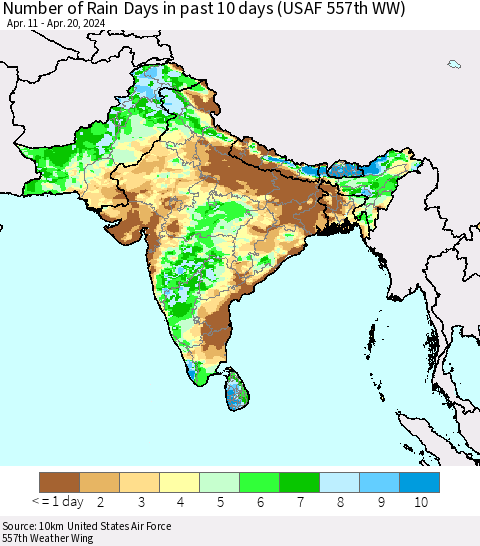 Southern Asia Number of Rain Days in past 10 days (USAF 557th WW) Thematic Map For 4/16/2024 - 4/20/2024