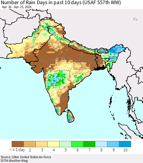 Southern Asia Number of Rain Days in past 10 days (USAF 557th WW) Thematic Map For 4/21/2024 - 4/25/2024