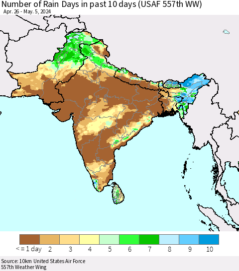Southern Asia Number of Rain Days in past 10 days (USAF 557th WW) Thematic Map For 5/1/2024 - 5/5/2024