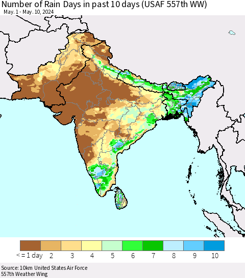Southern Asia Number of Rain Days in past 10 days (USAF 557th WW) Thematic Map For 5/6/2024 - 5/10/2024