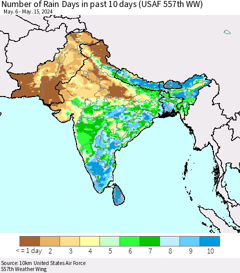 Southern Asia Number of Rain Days in past 10 days (USAF 557th WW) Thematic Map For 5/11/2024 - 5/15/2024
