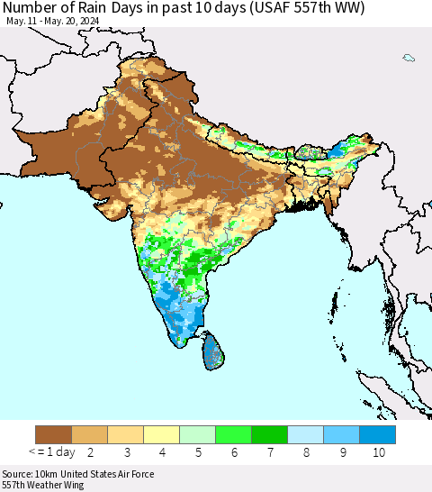 Southern Asia Number of Rain Days in past 10 days (USAF 557th WW) Thematic Map For 5/16/2024 - 5/20/2024