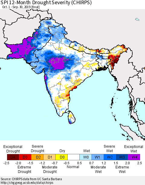 Southern Asia SPI 12-Month Drought Severity (CHIRPS) Thematic Map For 10/1/2018 - 9/30/2019
