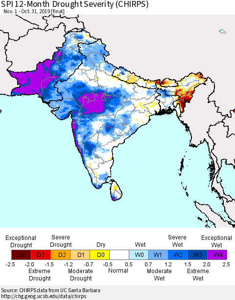 Southern Asia SPI 12-Month Drought Severity (CHIRPS) Thematic Map For 11/1/2018 - 10/31/2019