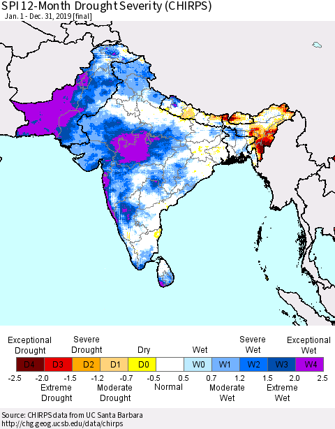 Southern Asia SPI 12-Month Drought Severity (CHIRPS) Thematic Map For 1/1/2019 - 12/31/2019
