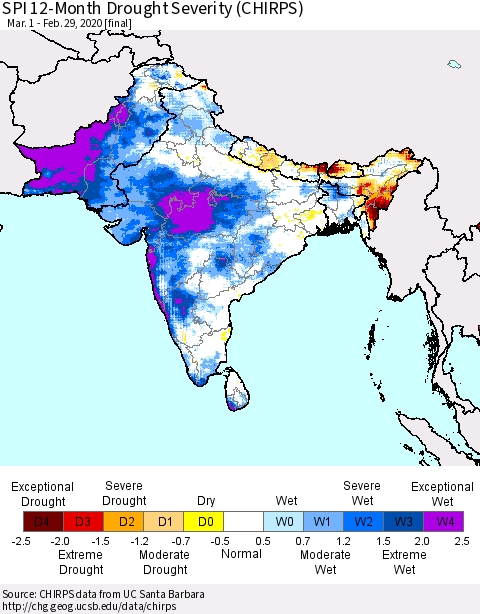 Southern Asia SPI 12-Month Drought Severity (CHIRPS) Thematic Map For 3/1/2019 - 2/29/2020