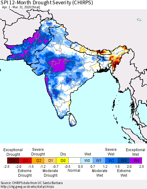 Southern Asia SPI 12-Month Drought Severity (CHIRPS) Thematic Map For 4/1/2019 - 3/31/2020