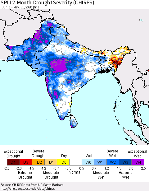 Southern Asia SPI 12-Month Drought Severity (CHIRPS) Thematic Map For 6/1/2019 - 5/31/2020