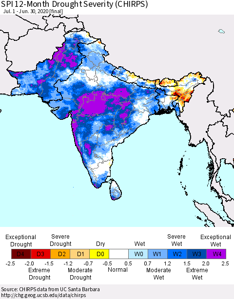 Southern Asia SPI 12-Month Drought Severity (CHIRPS) Thematic Map For 7/1/2019 - 6/30/2020