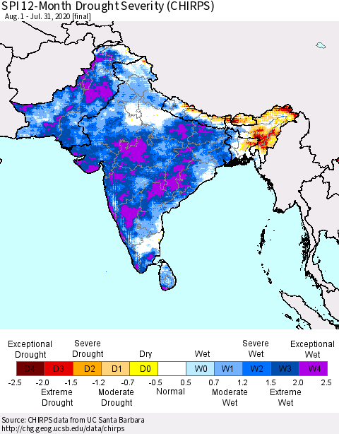Southern Asia SPI 12-Month Drought Severity (CHIRPS) Thematic Map For 8/1/2019 - 7/31/2020