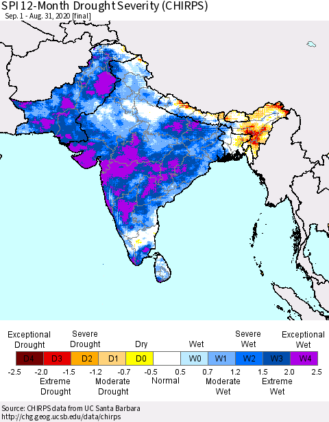 Southern Asia SPI 12-Month Drought Severity (CHIRPS) Thematic Map For 9/1/2019 - 8/31/2020