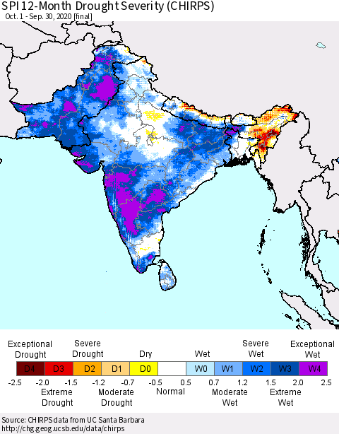 Southern Asia SPI 12-Month Drought Severity (CHIRPS) Thematic Map For 10/1/2019 - 9/30/2020