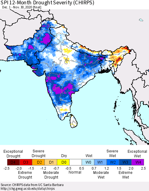 Southern Asia SPI 12-Month Drought Severity (CHIRPS) Thematic Map For 12/1/2019 - 11/30/2020