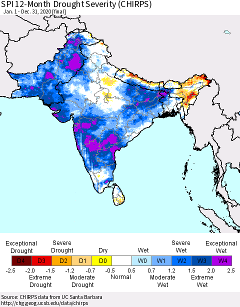 Southern Asia SPI 12-Month Drought Severity (CHIRPS) Thematic Map For 1/1/2020 - 12/31/2020