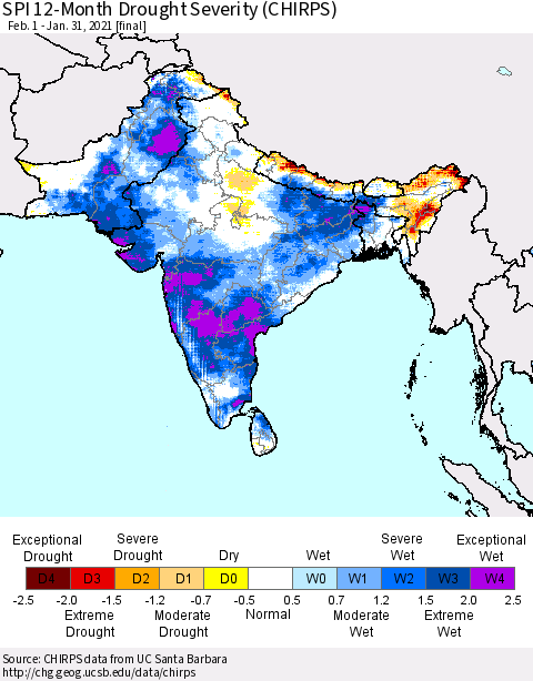 Southern Asia SPI 12-Month Drought Severity (CHIRPS) Thematic Map For 2/1/2020 - 1/31/2021