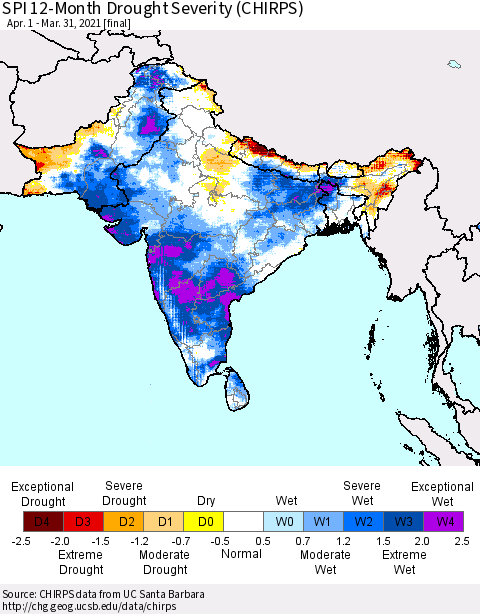 Southern Asia SPI 12-Month Drought Severity (CHIRPS) Thematic Map For 4/1/2020 - 3/31/2021