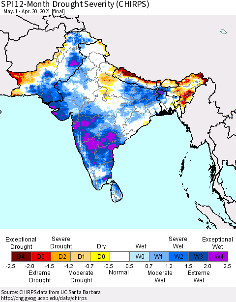 Southern Asia SPI 12-Month Drought Severity (CHIRPS) Thematic Map For 5/1/2020 - 4/30/2021